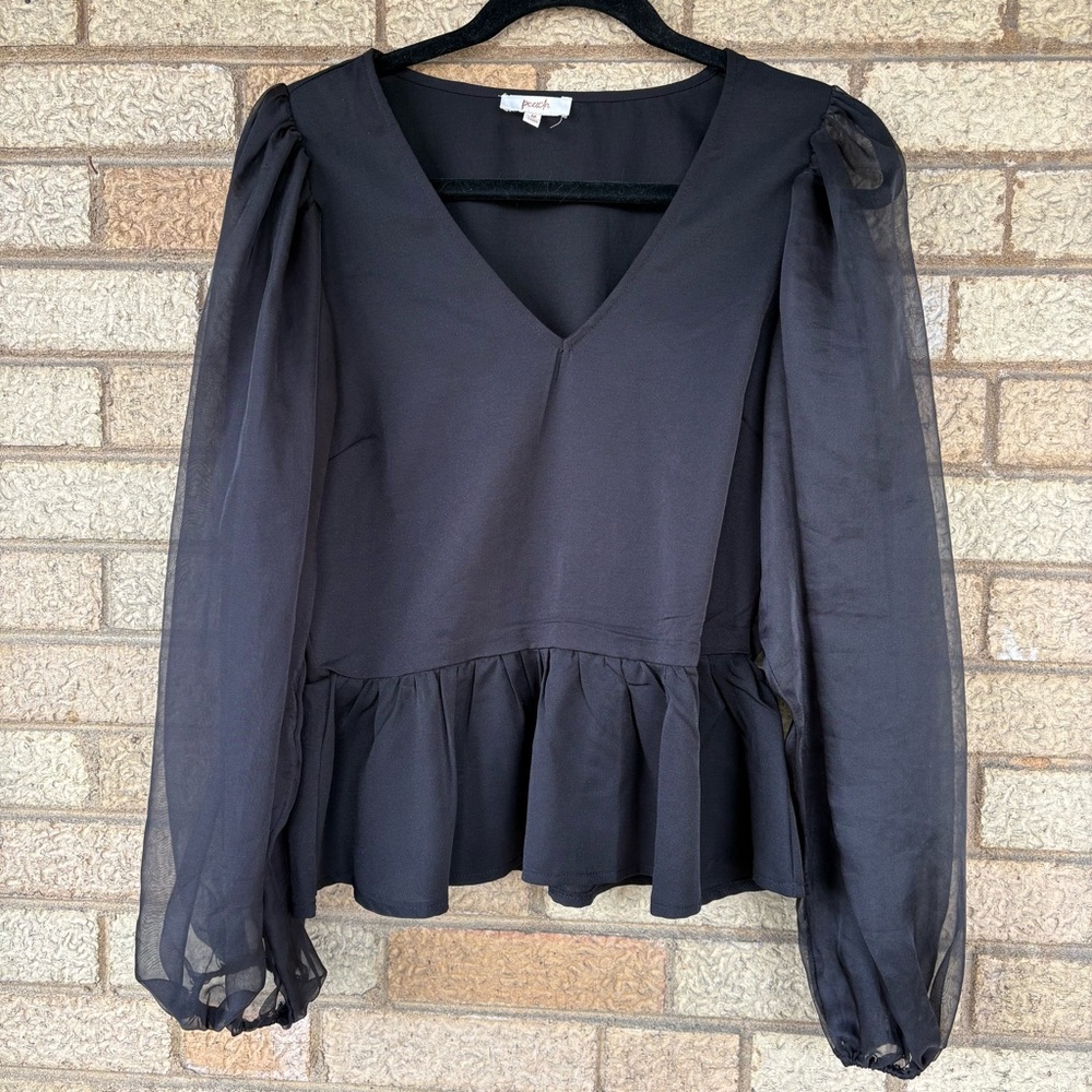 Black V-Neck Peplum Blouse with Sheer Puff Sleeves